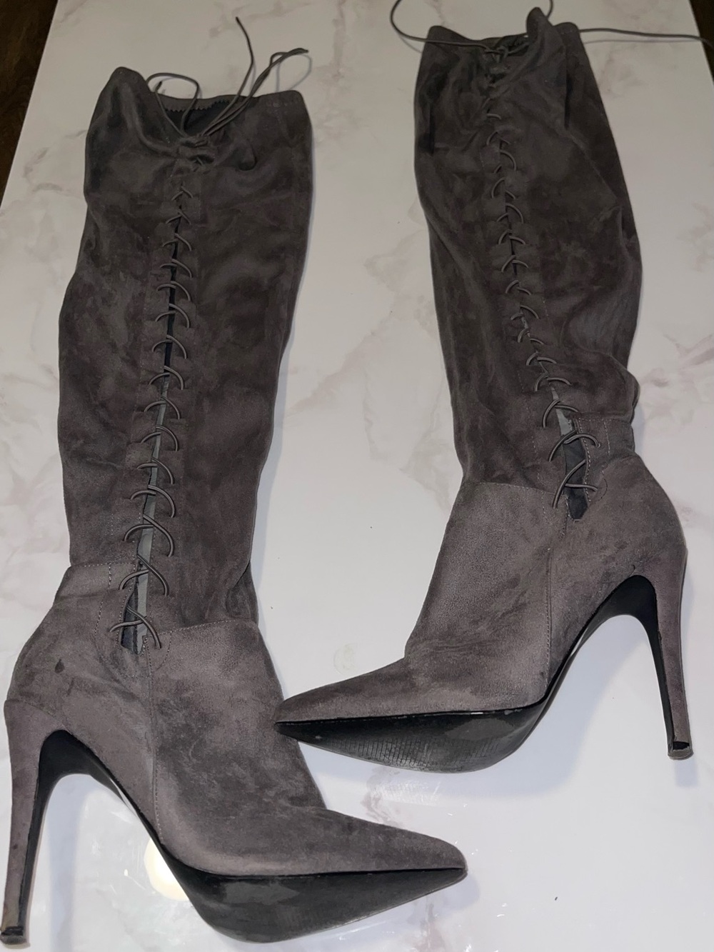 Shoe Dazzle Gray Suede Lace-Up Over-the-Knee Stiletto Boots